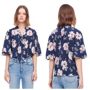 Rebecca Taylor Silk Blend Navy Magnolia Floral Button Front Scarf Tie Top 4